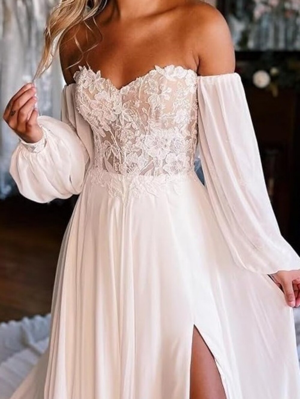 Lillian West Wedding Gown‎ Off the Shoulder Style 66228 With Slit Ethereal Boho
